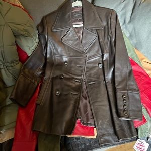 Women’s brown leather pea coat
